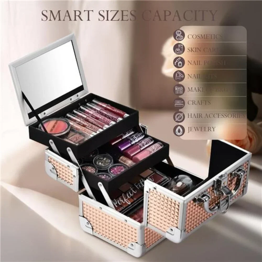 Makeup Train Case Portable Cosmetic Box Jewelry Organizer 2-Tier Trays Lockable